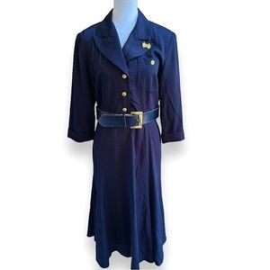 Vintage 80s Danny & Nicole Navy Belted Midi Shirt Dress 12P Costume Preppy USA